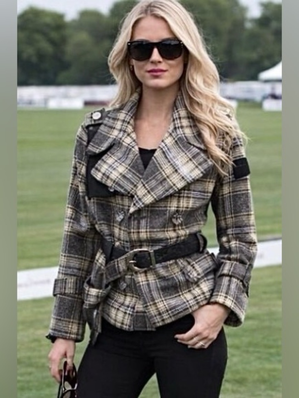 JUICY COUTURE Y2K Belted Crop Blazer Gray Plaid Black Velvet Trim 8 MSRP $495
